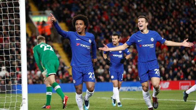 Defending Premier League champions Chelsea rode their luck to salvage a 1-1 draw at Liverpool thanks to Willian’s (L) late leveller. (Action Images via Reuters) Defending Premier League champions Chelsea rode their luck to salvage a 1-1 draw at Liverpool thanks to Willian’s (L) late leveller. (Action Images via Reuters)