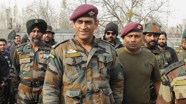 MS Dhoni during a visit to Kunzer, Jammu and Kashmir, as part of an Indian Army initiative. (Waseem Andrabi / HT Photo)