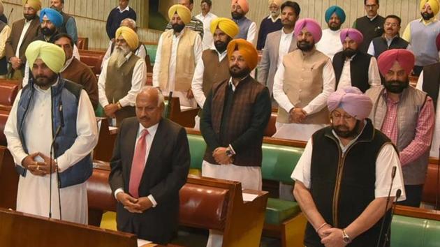 A two-minute silence was observed in the memory of departed souls as a mark of respect, during the obituary references on the first day of the winter session of the Punjab Vidhan Sabha. (HT Photo) A two-minute silence was observed in the memory of departed souls as a mark of respect, during the obituary references on the first day of the winter session of the Punjab Vidhan Sabha. (HT Photo)