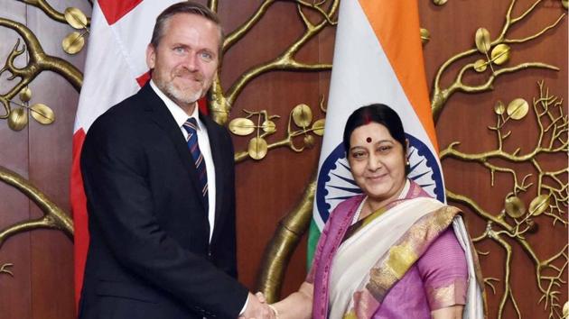 External Affairs Minister Sushma Swaraj welcoming Mr. Anders Samuelsen, Foreign Minister of Denmark in New Delhi on November 27, 2017. (MEA/Twitter) External Affairs Minister Sushma Swaraj welcoming Mr. Anders Samuelsen, Foreign Minister of Denmark in New Delhi on November 27, 2017. (MEA/Twitter)