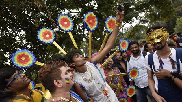 People celebrating the 10th edition of the Pride march take selfies as others look on in Bengaluru. The first Bengaluru Pride march was held in the year 2008. In 2016, the Bengaluru Pride & Karnataka Queer Habba was re-branded as Namma Pride and Karnataka Queer Habba. (Arijit Sen / HT Photo) People celebrating the 10th edition of the Pride march take selfies as others look on in Bengaluru. The first Bengaluru Pride march was held in the year 2008. In 2016, the Bengaluru Pride & Karnataka Queer Habba was re-branded as Namma Pride and Karnataka Queer Habba. (Arijit Sen / HT Photo)