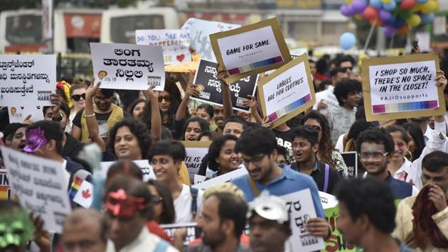 Supporters of the LGBT community along with activists take part in the pride march in Bengaluru on Sunday. (Arijit Sen / HT Photo) Supporters of the LGBT community along with activists take part in the pride march in Bengaluru on Sunday. (Arijit Sen / HT Photo)