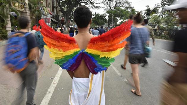 A participant sports rainbow coloured wings in the 10th annual celebration of Namma Pride and Karnataka Queer Habba in Bengaluru. (Arijit Sen / HT Photo) A participant sports rainbow coloured wings in the 10th annual celebration of Namma Pride and Karnataka Queer Habba in Bengaluru. (Arijit Sen / HT Photo)