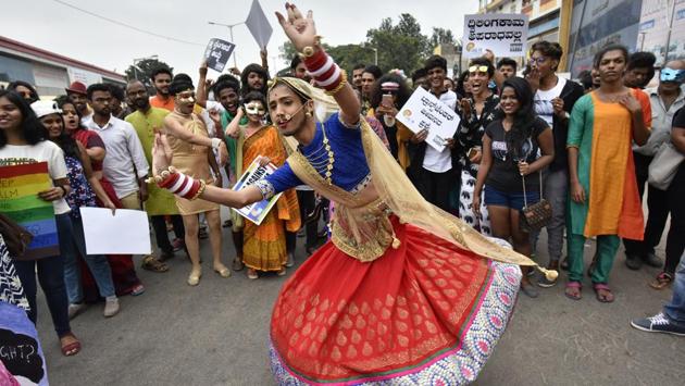 A participant dances in the 10th Namma Pride and Karnataka Queer Habba in Bengaluru on Sunday. More than 5000 people joined the march from Tulsi Park to Town Hall, with many donning colourful costumes and holding pro-LGBTQI (lesbian, gay, bisexual and transgender, queer and intersex) placards in celebration, but also defiance in a nation that continues to outlaw homosexuality. (Arijit Sen / HT Photo) A participant dances in the 10th Namma Pride and Karnataka Queer Habba in Bengaluru on Sunday. More than 5000 people joined the march from Tulsi Park to Town Hall, with many donning colourful costumes and holding pro-LGBTQI (lesbian, gay, bisexual and transgender, queer and intersex) placards in celebration, but also defiance in a nation that continues to outlaw homosexuality. (Arijit Sen / HT Photo)