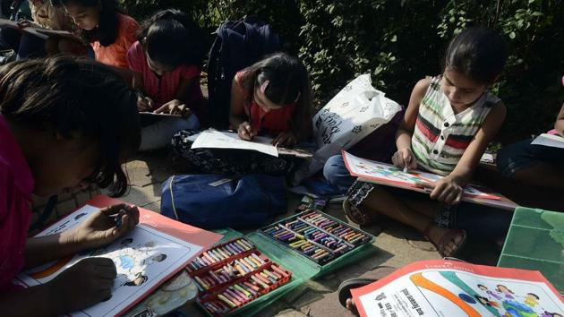 Anything from a crayon to water colours could be used to finish their paintings. (Ravindra Joshi/HT PHOTO)