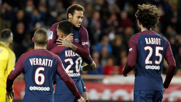 Paris Saint-Germain striker Neymar celebrates after scoring their second goal against Monaco. (REUTERS) Paris Saint-Germain striker Neymar celebrates after scoring their second goal against Monaco. (REUTERS)