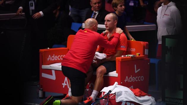 Belgium's Steve Darcis with the Davis Cup team coach during his singles rubber Davis Cup World Group final match against France's Lucas Pouille at The Pierre Mauroy Stadium in Villeneuve d'Ascq, near Lille, on Sunday. (AFP) Belgium's Steve Darcis with the Davis Cup team coach during his singles rubber Davis Cup World Group final match against France's Lucas Pouille at The Pierre Mauroy Stadium in Villeneuve d'Ascq, near Lille, on Sunday. (AFP)