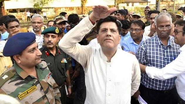 Union railway minister Piyush Goyal during a surprise inspection at Currey Road station on Monday.(Anshuman Poyrekar/HT) Union railway minister Piyush Goyal during a surprise inspection at Currey Road station on Monday.(Anshuman Poyrekar/HT)