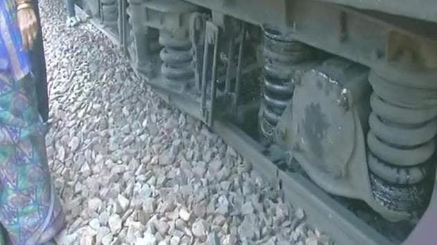 A wheel of a MEMU train came off in Okhla on Tuesday morning. (ANI) A wheel of a MEMU train came off in Okhla on Tuesday morning. (ANI)