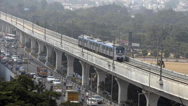 A metro train runs on an elevated railway line during a trial run in Hyderabad.(AFP file photo)