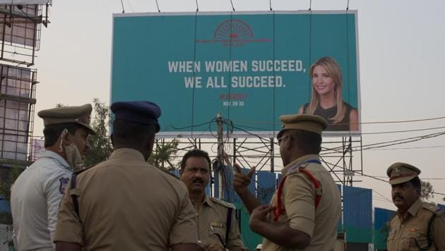 Policemen at HITECH city where the Global Entrepreneurship Summit will be held in Hyderabad. The event — co-hosted by the United States and India — is being attended by US presidential adviser Ivanka Trump.(AP Photo) Policemen at HITECH city where the Global Entrepreneurship Summit will be held in Hyderabad. The event — co-hosted by the United States and India — is being attended by US presidential adviser Ivanka Trump.(AP Photo)