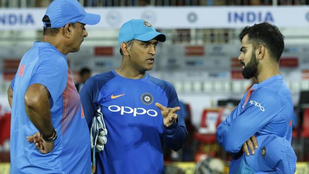 Indian captain Virat Kohli, MS Dhoni and Ravi Shastri will lead talks of a pay raise with the Board of Control for Cricket in India this Friday. Kohli is also not happy with the cricket calendar decided by BCCI bosses.(BCCI)