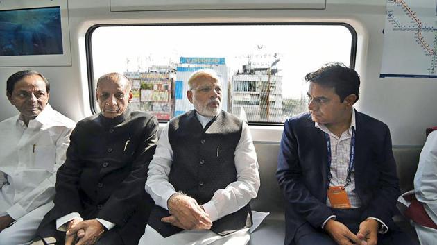 Prime Minister Narendra Modi, accompanied by Telangana Governor ESL Narsimhan and Chief Minister K Chandrasekar Rao, take a ride in the metro after its launch. Each train will initially have three coaches accommodating 330 passengers in each coach. The number of coaches may be increased to six considering commuter response. (PTI)
