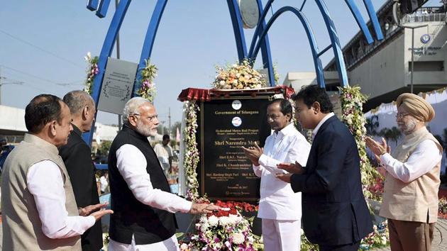Prime Minister Narendra Modi inaugurates the Hyderabad Metro rail project in Hyderabad. According to Telangana’s Information Technology Minister K T Rama Rao, the trains will run from 6 am to 10 pm initially which would later be rescheduled to 5.30 am to 11 pm, depending on the traffic and demand. (PTI)