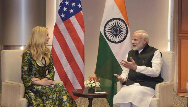 Prime Minister Narendra Modi meets Ivanka Trump, the daughter of advisor to the US President, on the sidelines of the Global Entrepreneurship Summit-2017 in Hyderabad on Tuesday. (PTI.PIB) Prime Minister Narendra Modi meets Ivanka Trump, the daughter of advisor to the US President, on the sidelines of the Global Entrepreneurship Summit-2017 in Hyderabad on Tuesday. (PTI.PIB)