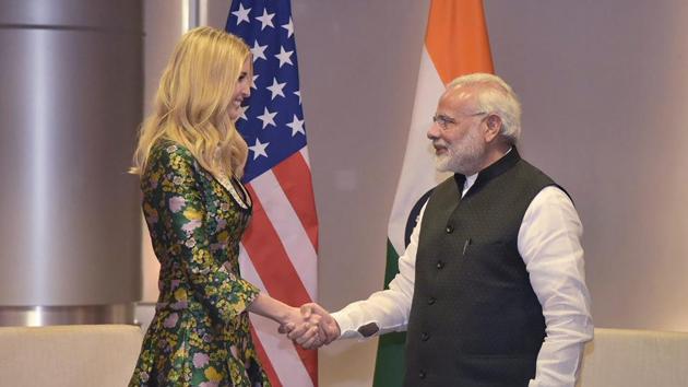 Prime Minister Narendra Modi shakes hands with Ivanka Trump, the advisor to the President of United States, on the sidelines of the Global Entrepreneurship Summit-2017 in Hyderabad on Tuesday. (PTI) Prime Minister Narendra Modi shakes hands with Ivanka Trump, the advisor to the President of United States, on the sidelines of the Global Entrepreneurship Summit-2017 in Hyderabad on Tuesday. (PTI)