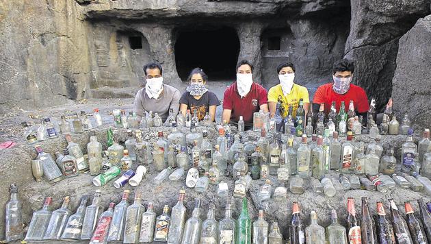 Volunteers who from time to time clean the fort show the amount of bottles collected during one such clean-up. (HT PHOTO) Volunteers who from time to time clean the fort show the amount of bottles collected during one such clean-up. (HT PHOTO)
