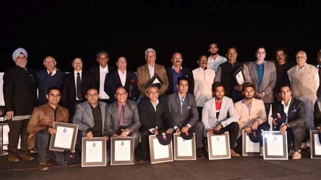 Former Delhi cricket captains Bishan Singh Bedi, Mohinder Amarnath, Chetan Chauhan, Virender Shewag others captains poses for a group photo. (PTI)