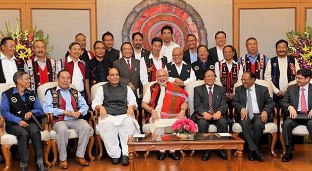 File photo of Prime Minister Narendra Modi with Union Home Minister Rajnath Singh, Chairman of NSCN (IM) (late) Isak Chishi Swu, NSCN (IM) General Secretary Thuingaleng Muivah NSA, Ajit Doval and others at the signing ceremony of the peace accord between Government of India and NSCN in New Delhi on August 3, 2015(PTI)