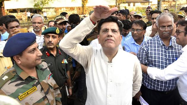Union railway minister Piyush Goyal at Elphinstone Road station during his Mumbai visit on Monday. (Anshuman Poyrekar/HT Photo) Union railway minister Piyush Goyal at Elphinstone Road station during his Mumbai visit on Monday. (Anshuman Poyrekar/HT Photo)