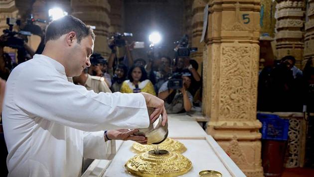 Congress vice president Rahul Gandhi offers prayers at the Somnath Temple in Gujarat on Wednesday. (PTI) Congress vice president Rahul Gandhi offers prayers at the Somnath Temple in Gujarat on Wednesday. (PTI)