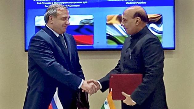 Union home minister Rajnath Singh and the minister of civil defence, emergency situations and disaster relief of the Russian Federation, Vladimir Puchkov exchanging documents after signing the Joint Implementation Plan for Cooperation in Emergency Situations, in Moscow. (PTI Photo) Union home minister Rajnath Singh and the minister of civil defence, emergency situations and disaster relief of the Russian Federation, Vladimir Puchkov exchanging documents after signing the Joint Implementation Plan for Cooperation in Emergency Situations, in Moscow. (PTI Photo)