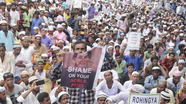 Muslim organisations protest against the genocide of Rohingya Muslims of Myanmar and burn effigy of Noble laureate Aung San Suu Kyi at Esplanade in Kolkata in September. (Samir Jana/HT File) Muslim organisations protest against the genocide of Rohingya Muslims of Myanmar and burn effigy of Noble laureate Aung San Suu Kyi at Esplanade in Kolkata in September. (Samir Jana/HT File)