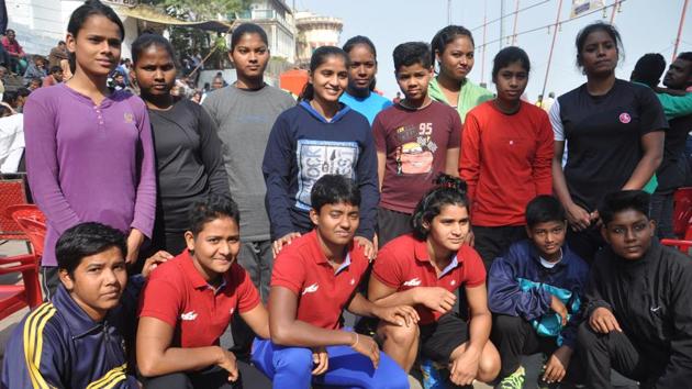 The all women’s wrestlers group poses for a picture at the event. The winners will take home cash rewards. “The amount will be disclosed on the concluding day (Thursday),” Kallu Pahalwan said. (Rajesh Kumar / HT Photo) The all women’s wrestlers group poses for a picture at the event. The winners will take home cash rewards. “The amount will be disclosed on the concluding day (Thursday),” Kallu Pahalwan said. (Rajesh Kumar / HT Photo)