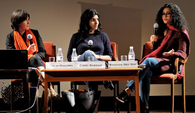 (L-R) French illustrator Kris Di Giacomo, publisher Chiki Sarkar and actor-author Nandana Dev Sen in a discussion on the work-in-progress book Earth Song. (L-R) French illustrator Kris Di Giacomo, publisher Chiki Sarkar and actor-author Nandana Dev Sen in a discussion on the work-in-progress book Earth Song.