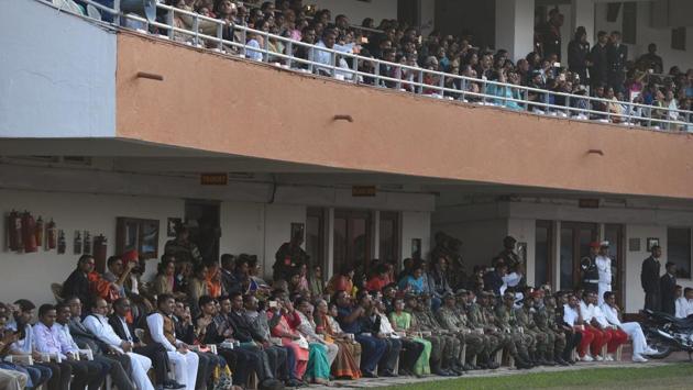 Spectators during the PT & Equestrian Display of the 133rd NDA course at The National Defence Academy (NDA) in Pune on Wednesday. (Pratham Gokhale/HT Photo) 