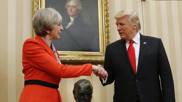 US President Donald Trump as he shakes hands with British Prime Minister Theresa May in the Oval Office of the White House in Washington. British Prime Minister Theresa May insisted on Thursday Nov. 30, 2017. (AP File Photo) US President Donald Trump as he shakes hands with British Prime Minister Theresa May in the Oval Office of the White House in Washington. British Prime Minister Theresa May insisted on Thursday Nov. 30, 2017. (AP File Photo)