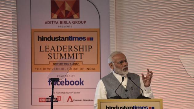 Prime Minister Narendra Modi delivers the inaugural address at the 15th edition of the Hindustan Times Leadership Summit on Thursday.(Burhaan Kinu / HT Photo)