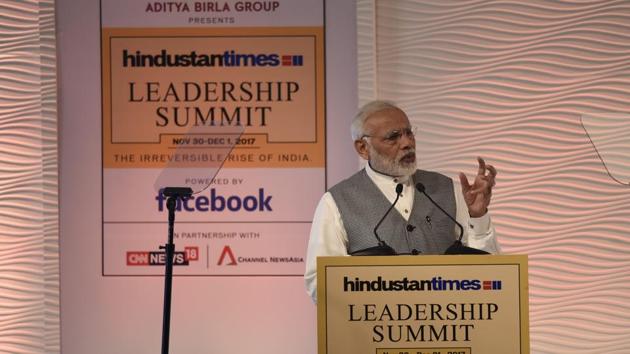 PM Narendra Modi delivers the inaugural address at the Hindustan Times Leadership Summit at Hyatt Regency in New Delhi.(Burhaan Kinu/HT Photo)