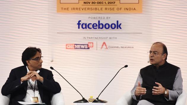 Arun Jaitley (R), Union Minister of Finance and Corporate Affairs in conversation with Jahangir Aziz, Chief Emerging Market Economist, J. P. Morgan during the Hindustan Times Leadership Summit 2017. He hinted that tax rates under the goods and services tax (GST) could be rationalised to three slabs as revenues under the new tax regime stabilise. (Burhaan Kinu / HT Photo)