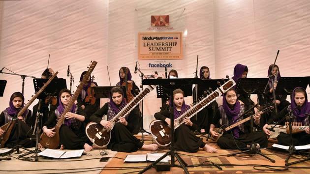 Ensemble Zohra, Afghan Women’s Orchestra performs during the HTLS 2017 in New Delhi on Thursday. This is the first group of women in their families, communities, and the country to learn music in over thirty years. (Sanchit Khanna / HT Photo)