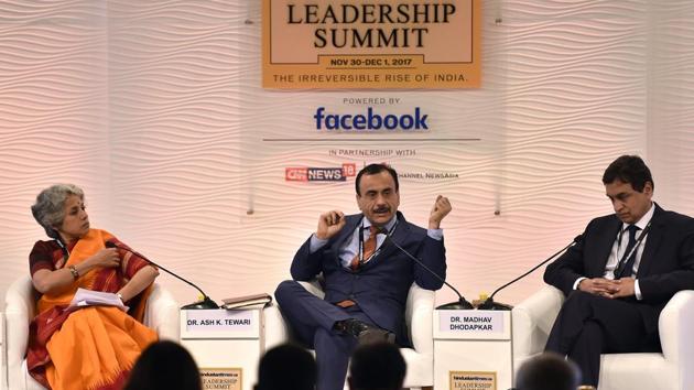 Dr. Ash K. Tewari (C), M.Ch, System Chairman and Professor, Icahn School of Medicine at Mount Sinai; Milton and Carroll Petrie Department of Urology, Mount Sinai Health System and Dr. Madhav Dhodapkar (R), Arthur and Isabel Bunker Professor, Chief of Section of Hematology and Co-Leader, Cancer Immunology Program, Yale University in a discussion with Dr. Soumya Swaminathan, Deputy Director General, WHO during HTLS 2017. (Ajay Aggarwal / HT Photo)