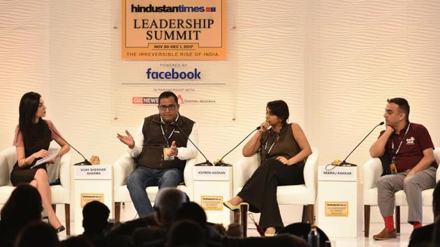 In discussion with Shereen Bhan (L), Paytm CEO and founder Vijay Shekhar Sharma (2L), founder and CEO of Mad Street Den Ashwini Asokan (2R), co-founder and CEO of Hector Beverages Neeraj Kakkar, discussed ‘How to be a successful entrepreneur’ during HTLS 2017 in New Delhi. (Sanchit Khanna / HT Photo)