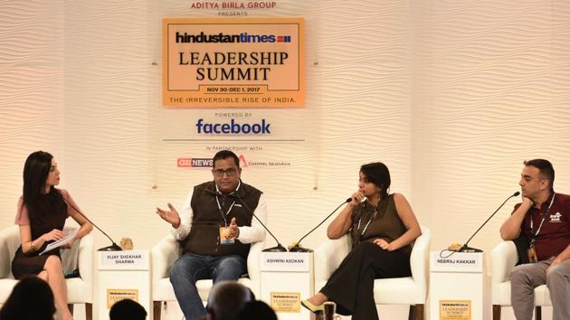 Vijay Shekhar Sharma, founder of Paytm, Ashwini Asokan, founder of Artificial Intelligence solutions company MAD Street Den and Neeraj Kakkar, co-founder of Hector Beverages at the 15th Hindustan Times Leadership Summit in New Delhi.(Sanchit Khanna/HT Photo)