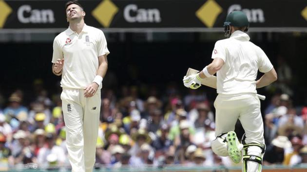 England's James Anderson, left, reacts as Australia's Steve Smith, right, scores runs off his bowling during the first Ashes Test. (AP) England's James Anderson, left, reacts as Australia's Steve Smith, right, scores runs off his bowling during the first Ashes Test. (AP)