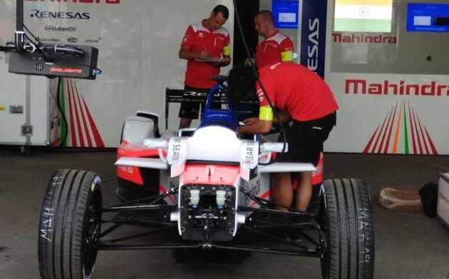 Mahindra’s new M4Electro car pictured at the pits. (HT photo) Mahindra’s new M4Electro car pictured at the pits. (HT photo)