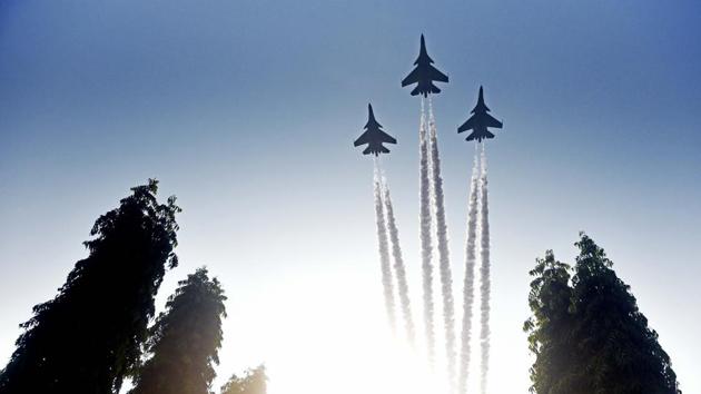 Indian Airforce planes put up a show at the Passing Out Parade of the 133rd course of the National Defence Academy (NDA) in Pune on Thursday. (Pratham Gokhale/HT Photo) Indian Airforce planes put up a show at the Passing Out Parade of the 133rd course of the National Defence Academy (NDA) in Pune on Thursday. (Pratham Gokhale/HT Photo)