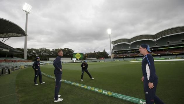 England players field at the boundary as the team trains under lights for the 2nd Ashes Test vs Australia in Adelaide. (AP) England players field at the boundary as the team trains under lights for the 2nd Ashes Test vs Australia in Adelaide. (AP)