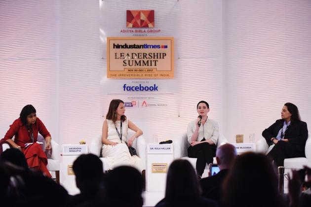 Actor Rose McGowan with Malala Fund CEO Farah Mohamed, CanDo chief executive Rola Hallam and journalist Anuradha Sengupta at the Hindustan Times Leadership Summit (Hindustan Times) Actor Rose McGowan with Malala Fund CEO Farah Mohamed, CanDo chief executive Rola Hallam and journalist Anuradha Sengupta at the Hindustan Times Leadership Summit (Hindustan Times)