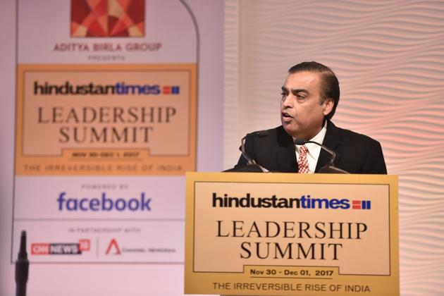 Mukesh Ambani, chairman and managing director of Reliance Industries Limited, addresses the Hindustan Times Leadership Summit.(Sanchit Khanna /HT Photo) Mukesh Ambani, chairman and managing director of Reliance Industries Limited, addresses the Hindustan Times Leadership Summit.(Sanchit Khanna /HT Photo)