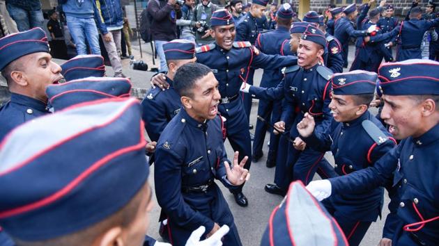 Cadets celebrate after the Passing Out Parade of the 133rd course of the National Defence Academy (NDA) in Pune on Thursday. (Sanket Wankhade/HT PHOTO) Cadets celebrate after the Passing Out Parade of the 133rd course of the National Defence Academy (NDA) in Pune on Thursday. (Sanket Wankhade/HT PHOTO)