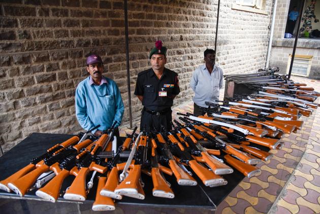 Cadets's guns kept on display at the Passing Out Parade of the 133rd course of the National Defence Academy (NDA) in Pune on Thursday. (Sanket Wankhade/HT PHOTO) Cadets's guns kept on display at the Passing Out Parade of the 133rd course of the National Defence Academy (NDA) in Pune on Thursday. (Sanket Wankhade/HT PHOTO)