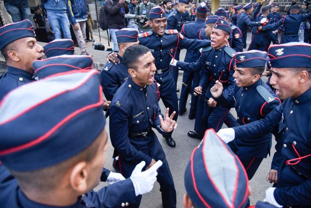 Cadets celebrate after the Passing Out Parade of the 133rd course of the National Defence Academy (NDA) in Pune on Thursday. (Sanket Wankhade/HT PHOTO) Cadets celebrate after the Passing Out Parade of the 133rd course of the National Defence Academy (NDA) in Pune on Thursday. (Sanket Wankhade/HT PHOTO)