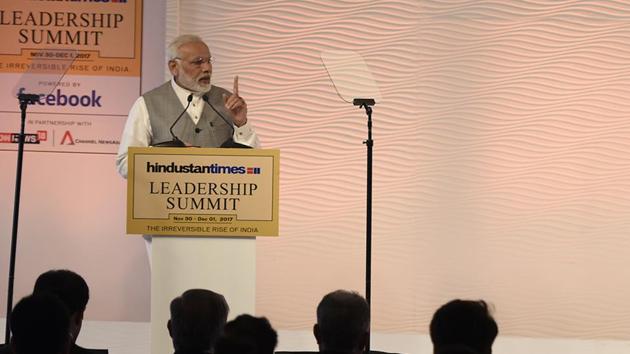 Prime Minister Narendra Modi speaking during the inaugural address at Hindustan Times Leadership Summit 2017 at Hyatt Regency in New Delhi on Thursday said India is witnessing a “behaviour change... the corrupt are afraid to deal in black money and there is a healthy and clean corporate culture”. (Burhaan Kinu / HT Photo)