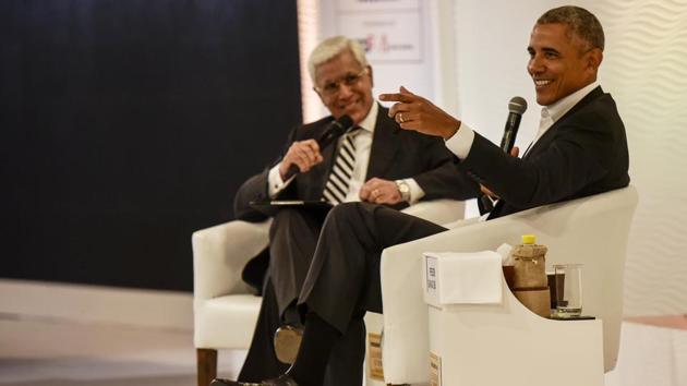 There is no problem that can’t be solved if India and the United States work together, former US president Barack Obama said on Friday, as he delivered a special address chaired by Karan Thapar, President, Infotainment Television and laid out a four-point agenda for a better and more inclusive world. (Kunal Patil / HT Photo)