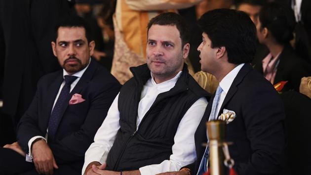 (From L-R) Robert Vadra, Rahul Gandhi and Jyotiraditya Scindia during Day 2 of Hindustan Times Leadership Summit in New Delhi on Thursday. (Burhaan Kinu / HT Photo)